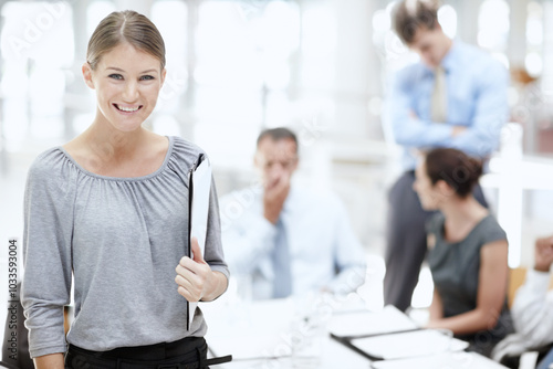 Tableau sur toile Portrait, smile and woman with documents, boardroom and professional in agency, confident and business