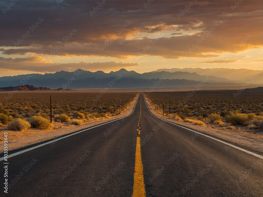 Fototapeta premium A long straight road leading to a bright glowing light at the horizon, symbolizing the journey toward success and victory.