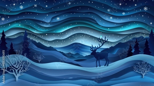 Mesmerizing starry night landscape showcasing a silhouetted deer standing amidst the snow covered trees and mountains with a captivating night sky filled with twinkling stars and a serene photo