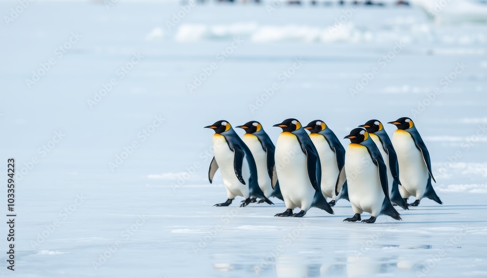 Obraz premium Group of Penguins Walking on Ice in Arctic Landscape