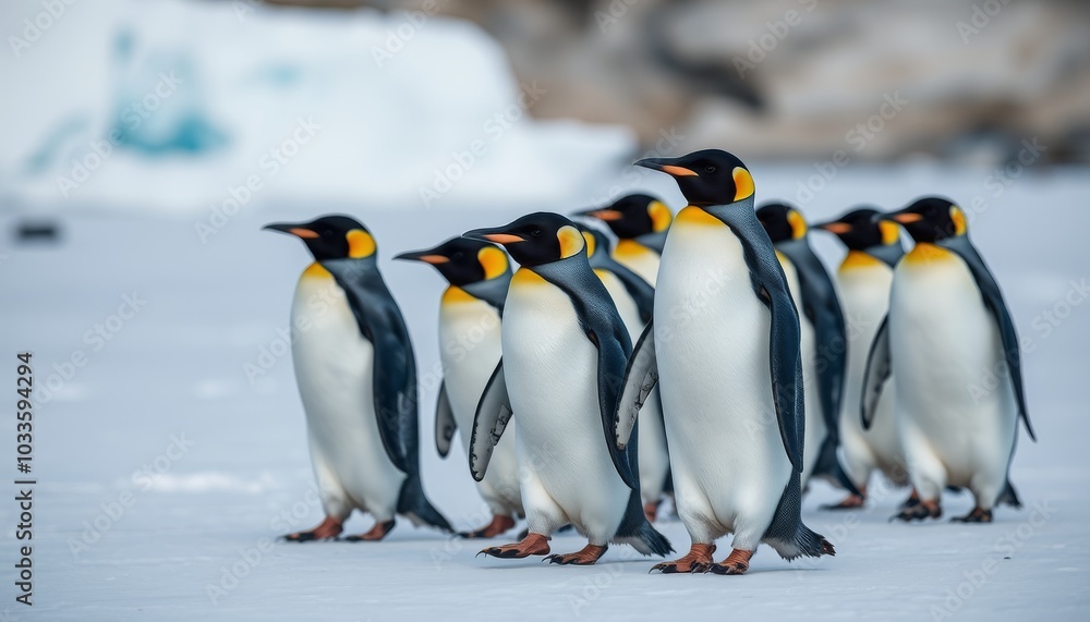 Fototapeta premium Group of Penguins Marching Across Frozen Landscape