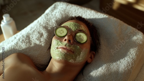 Relaxation spa day with facial mask and cucumber eye treatment for wellness and beauty photo