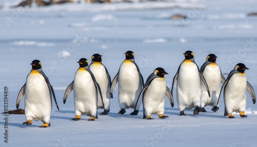 Group of Emperor Penguins Walking on Ice