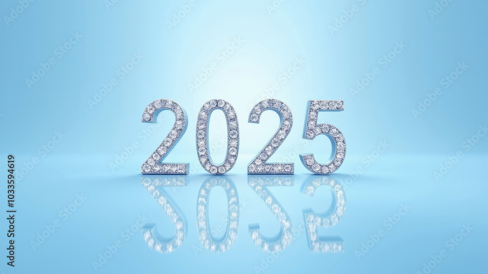 Christmas greeting card with diamond numbers '2025' surrounded by New Year's decorations against a blue background. Christmas greeting card with diamond numbers '2025' surrounded by New Year's decorations against a blue background.