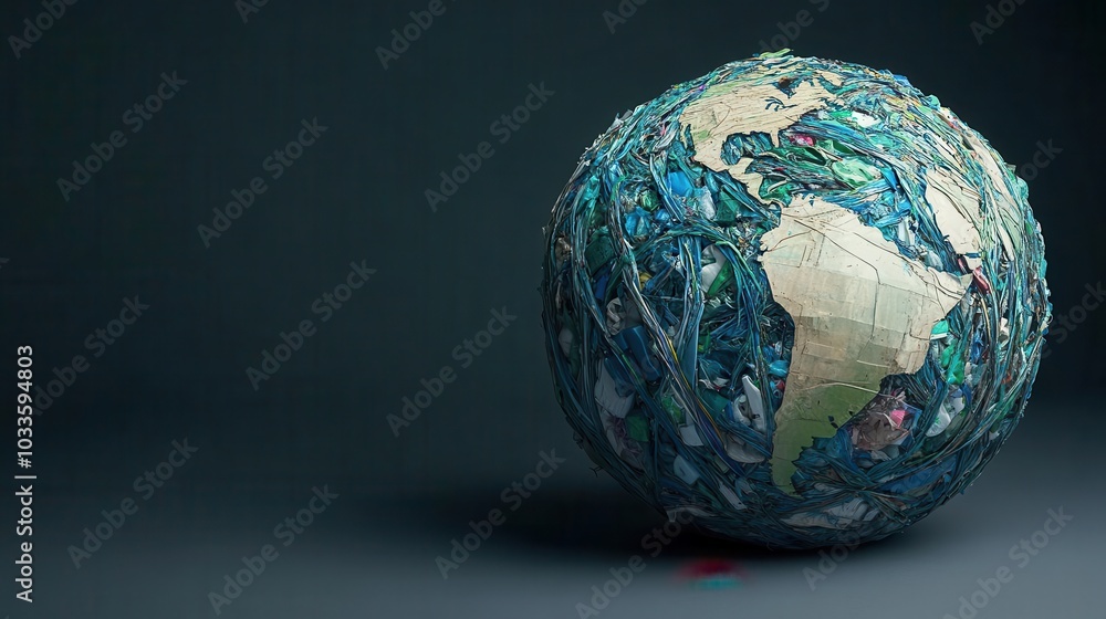 Earth globe made from tangled plastic waste, symbolizing the growing issue of pollution and waste management, plastic waste Earth, visual reminder of environmental crisis Earth globe made from tangled plastic waste, symbolizing the growing issue of pollution and waste management, plastic waste Earth, visual reminder of environmental crisis