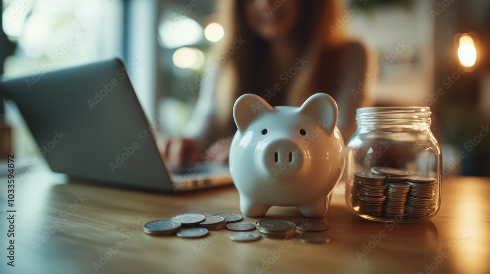 Financial Marketing with Piggy Bank and Laptop. Piggy bank beside a laptop on desk, symbolizing financial management and marketing strategies in modern workspace, focusing on savings and investment. Financial Marketing with Piggy Bank and Laptop. Piggy bank beside a laptop on desk, symbolizing financial management and marketing strategies in modern workspace, focusing on savings and investment.
