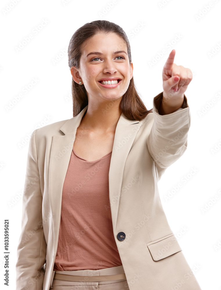 Business, woman and pointing with smile in studio for corporate career, recruitment and decision. HR employee, happy and gesture with choice for job, opportunity and selection by white background Business, woman and pointing with smile in studio for corporate career, recruitment and decision. HR employee, happy and gesture with choice for job, opportunity and selection by white background