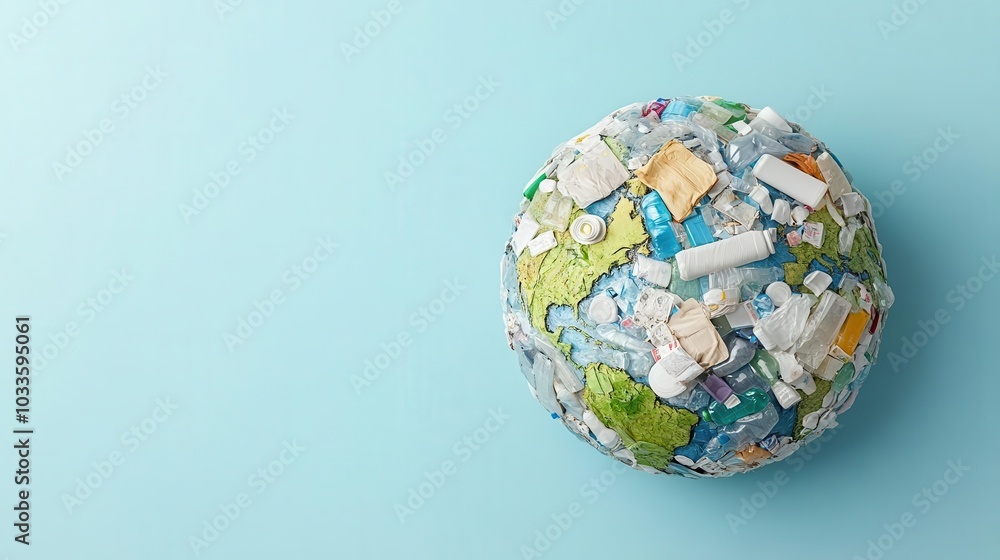 Earth globe shaped from plastic wrappers and bottles, illustrating the dominance of plastic waste in our world, waste globe, highlighting pollution and environmental harm Earth globe shaped from plastic wrappers and bottles, illustrating the dominance of plastic waste in our world, waste globe, highlighting pollution and environmental harm