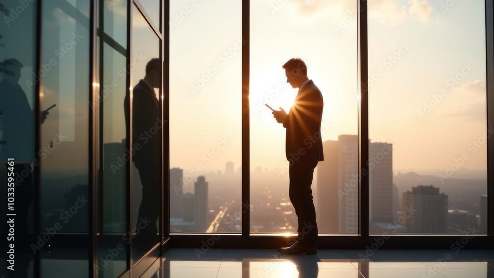 Businessman looking at tablet in office with city skyline. Professional man using digital device in high-rise building. Executive checking data on tablet in modern urban office Businessman looking at tablet in office with city skyline. Professional man using digital device in high-rise building. Executive checking data on tablet in modern urban office
