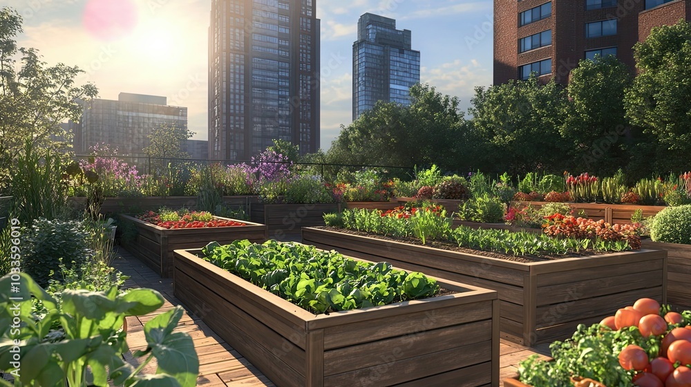 Rooftop Garden with Wooden Raised Beds and Cityscape View Rooftop Garden with Wooden Raised Beds and Cityscape View