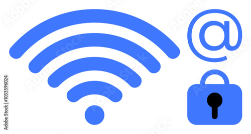 wireless signal icon, email symbol, and padlock graphic in blue. Ideal for technology, internet, communication, security, and digital privacy themes. Simple vector style