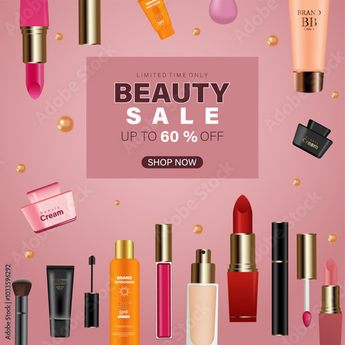 Cosmetics store template design, Advertising template for online beauty store.  various make up beauty products vector illustration.