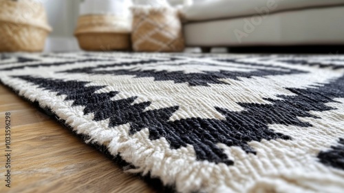 Black and white ikat pattern rug in modern living room setting for home design