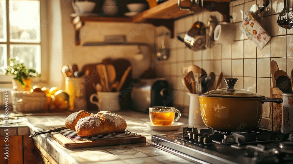 Tranquil Kitchen Scene with Freshly Baked Bread Tranquil Kitchen Scene with Freshly Baked Bread