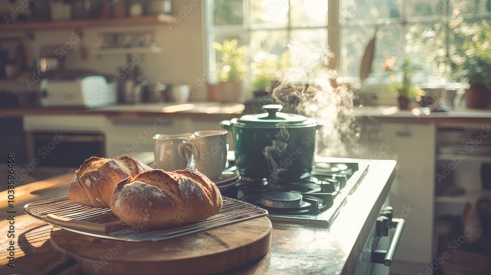 Freshly Baked Bread in a Tranquil Kitchen Scene Freshly Baked Bread in a Tranquil Kitchen Scene