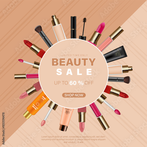 Cosmetics template design, Advertising template for online beauty store.  various make up beauty products vector illustration.