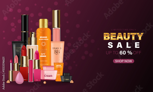 Cosmetics sale promotion  template design, Advertising template for online beauty store. various make up beauty products vector illustration.