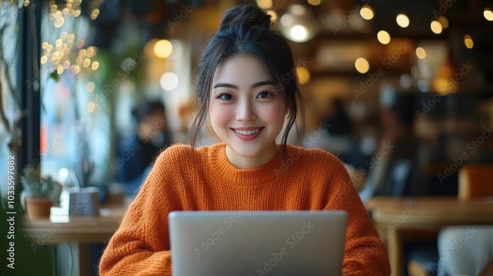 Smiling Woman Working on Laptop in Cozy Cafe Setting. Woman with warm smile works on her laptop in cozy cafe, surrounded by vibrant atmosphere & soft lighting, embodying creativity and productivity. Smiling Woman Working on Laptop in Cozy Cafe Setting. Woman with warm smile works on her laptop in cozy cafe, surrounded by vibrant atmosphere & soft lighting, embodying creativity and productivity.