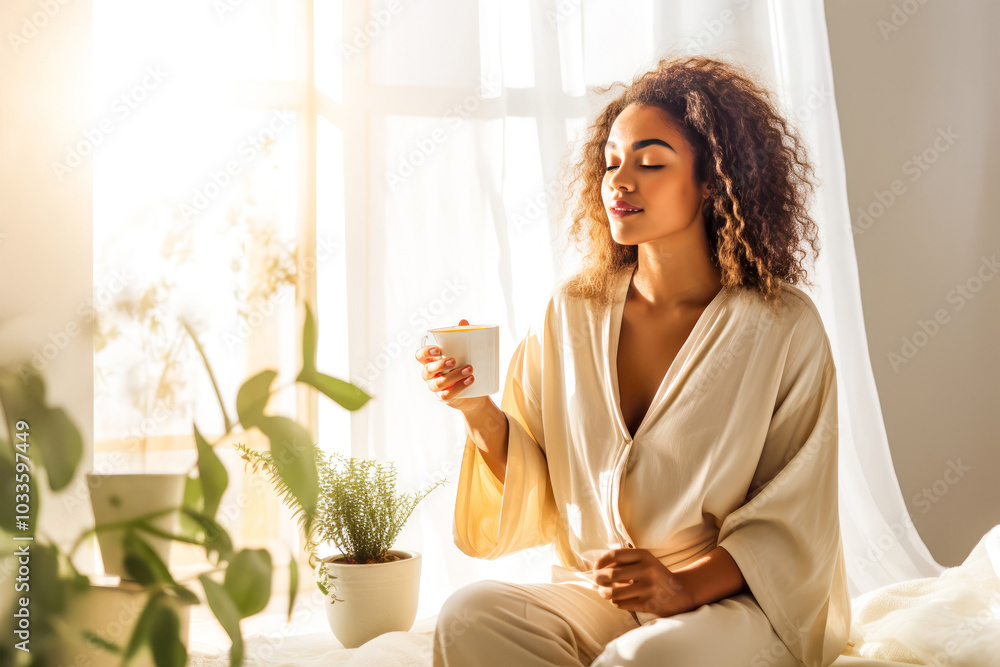 A young woman with curly hair sits peacefully, holding a cup of tea in a sunlit room filled with plants. Concept of tranquility and self-care in a serene indoor environment. A young woman with curly hair sits peacefully, holding a cup of tea in a sunlit room filled with plants. Concept of tranquility and self-care in a serene indoor environment.