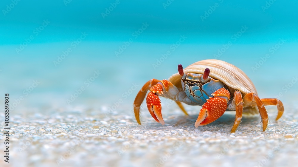 A vibrant crab on a sandy beach with a blurred turquoise background. A vibrant crab on a sandy beach with a blurred turquoise background.