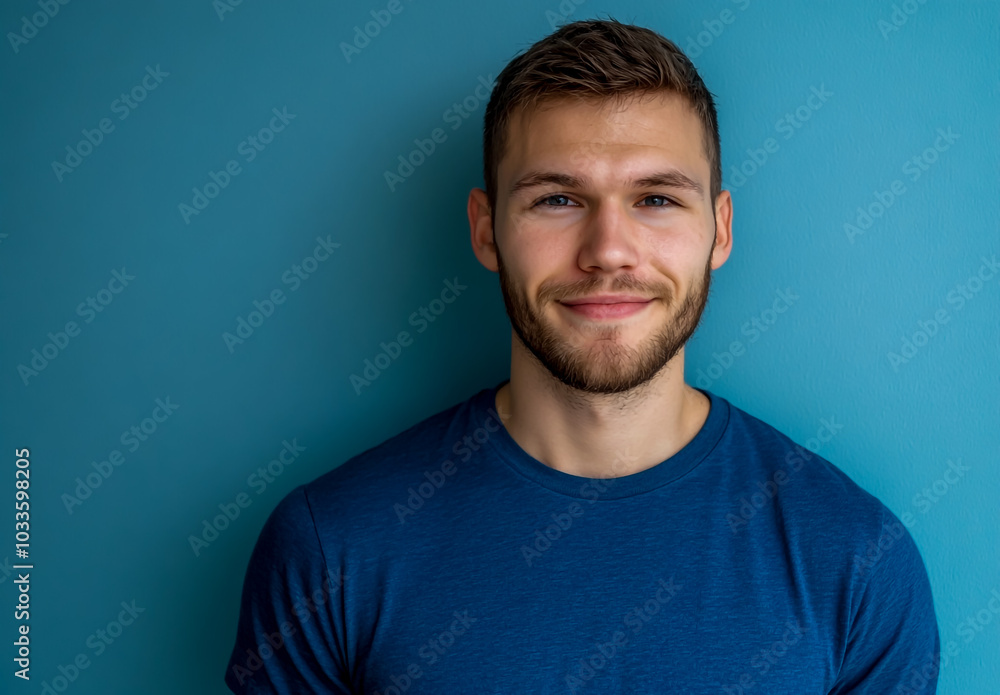 A handsome young man with short hair and a beard, standing and smiling at the camera. A handsome young man with short hair and a beard, standing and smiling at the camera.