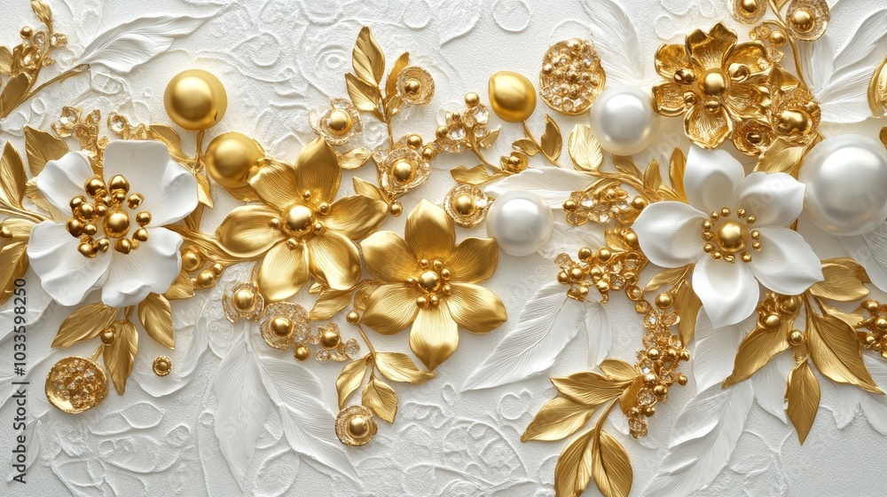 Cover design, postcard art, decor, packaging, invitation, or print with stucco mouldings. Branch with gold leaves. Stock illustration. Cover design, postcard art, decor, packaging, invitation, or print with stucco mouldings. Branch with gold leaves. Stock illustration.