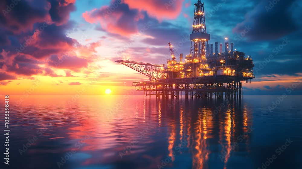 Oil Rig Platform at Sunset on the Ocean Oil Rig Platform at Sunset on the Ocean