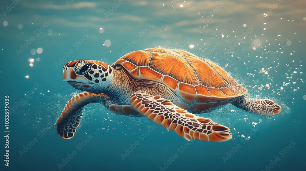 Fototapeta premium Graceful sea turtle swimming in serene waters, embodying the essence of minimalist aquatic art, tranquility and elegance in motion.