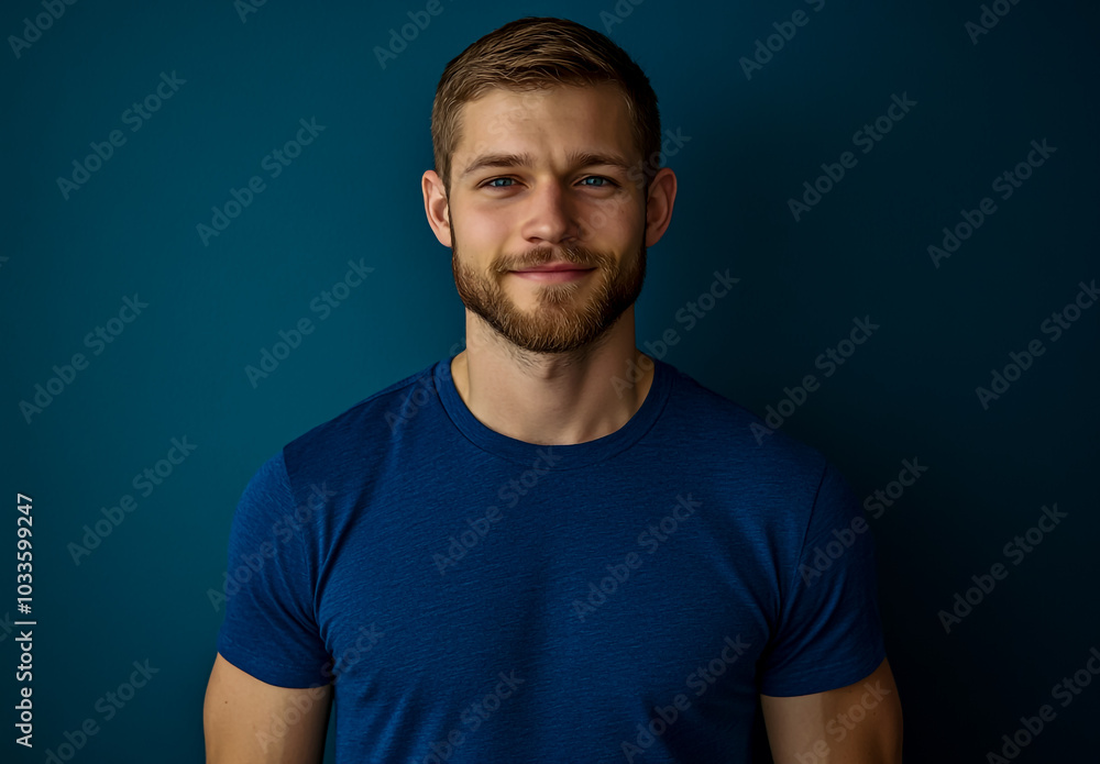 A handsome young man with short hair and a beard, standing and smiling at the camera. A handsome young man with short hair and a beard, standing and smiling at the camera.