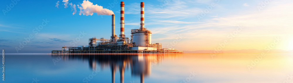 A serene industrial scene featuring smokestacks reflecting on calm waters under a vibrant sky during sunrise or sunset. A serene industrial scene featuring smokestacks reflecting on calm waters under a vibrant sky during sunrise or sunset.