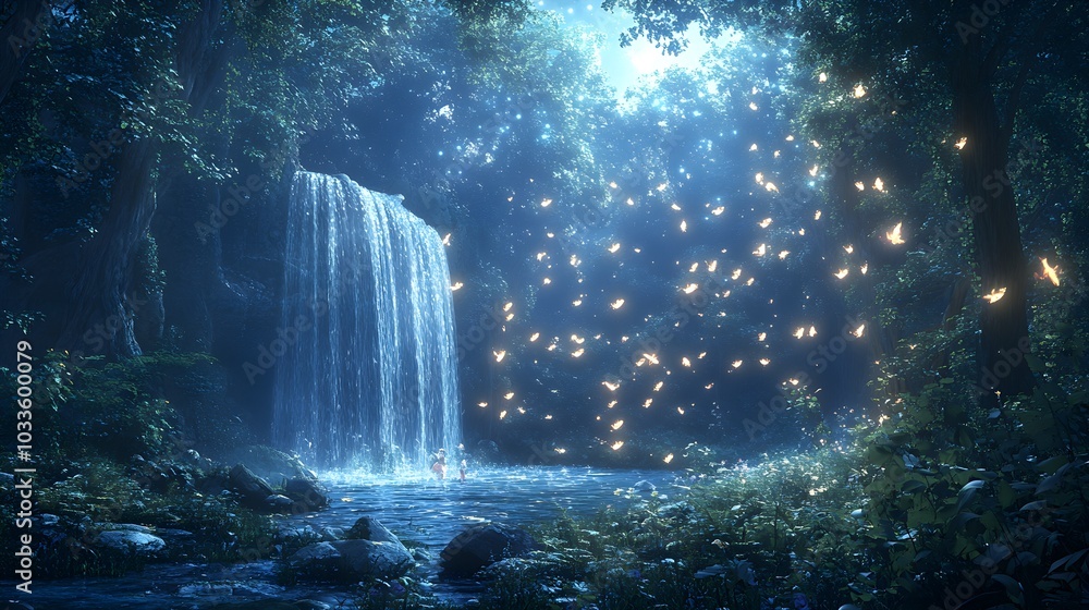 A magical ring of fairies flying around a sparkling waterfall in a lush enchanted grove, glowing wings and dust trailing in the moonlit forest A magical ring of fairies flying around a sparkling waterfall in a lush enchanted grove, glowing wings and dust trailing in the moonlit forest