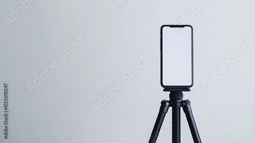 Portrait of mobile phone standing on tripod while live streaming with white blank screen on blue landscape background, live social media, mobile phone mockup, communication with video call via mobile 