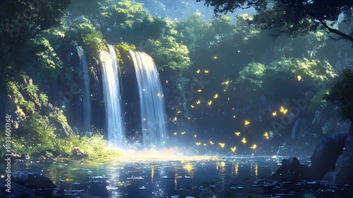 A magical scene of fairies flying in a circle around a cascading waterfall, enchanted forest bathed in twilight, their wings glowing softly