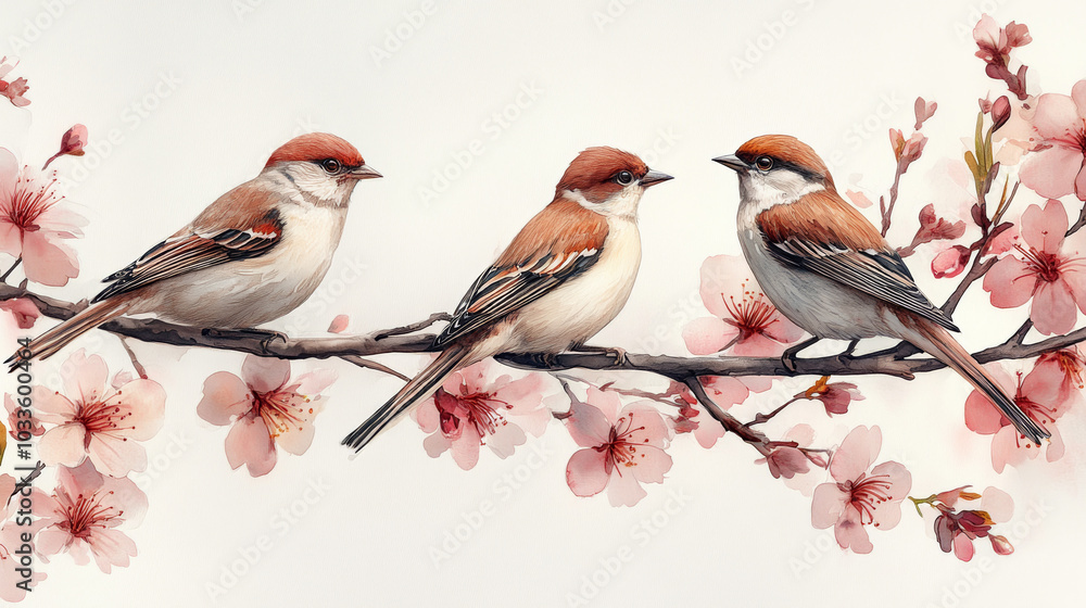 Fototapeta premium Birds on a Branch of Sakura on Isolated White Background