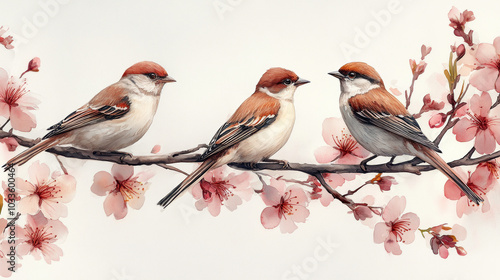 Birds on a Branch of Sakura on Isolated White Background