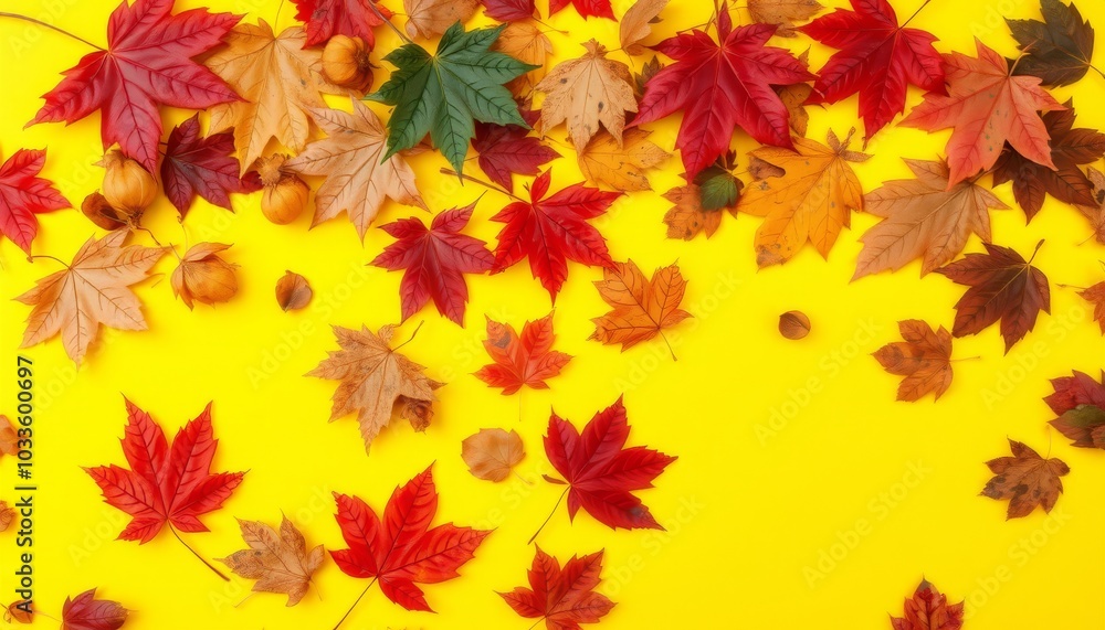 Colorful Autumn Leaves on Yellow Background Colorful Autumn Leaves on Yellow Background