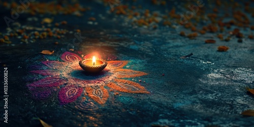 a colorful Indian style rangoli design on ground with a single diya placed in center, night time, dark surrounding, Diwali close up shot cinematic glowing, 4k, HDR, diwali background, copy space photo