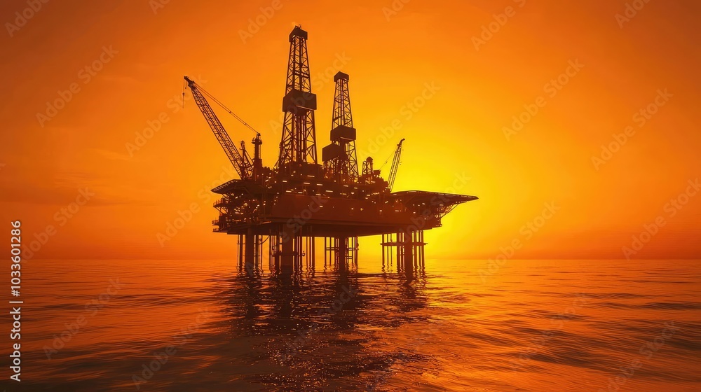 Oil Platform at Sunset Over Calm Ocean Waters Oil Platform at Sunset Over Calm Ocean Waters