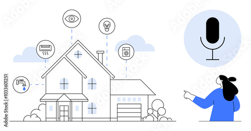 A modern house connected to various smart devices such as security camera, light bulb, thermostat, and faucet. A woman interacts using voice control technology. Ideal for smart homes, automation