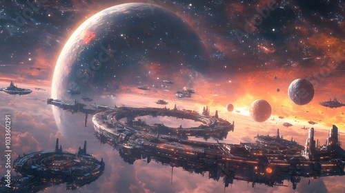 Fototapeta Naklejka Na Ścianę i Meble -  A massive circular space station floating in orbit around a distant gas giant, futuristic ships docking at multiple points, glowing planet in the background