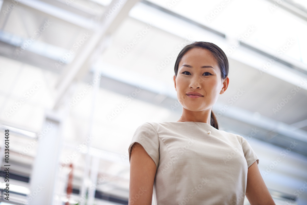 Business, confidence and portrait of happy woman in office with ambition, opportunity or professional pride. Creative, consultant or Asian businesswoman in workplace with trust, smile and low angle. Business, confidence and portrait of happy woman in office with ambition, opportunity or professional pride. Creative, consultant or Asian businesswoman in workplace with trust, smile and low angle.