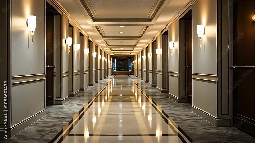 Elegant hotel corridor with soft lighting and polished floors showcasing a luxurious ambiance in the evening Elegant hotel corridor with soft lighting and polished floors showcasing a luxurious ambiance in the evening
