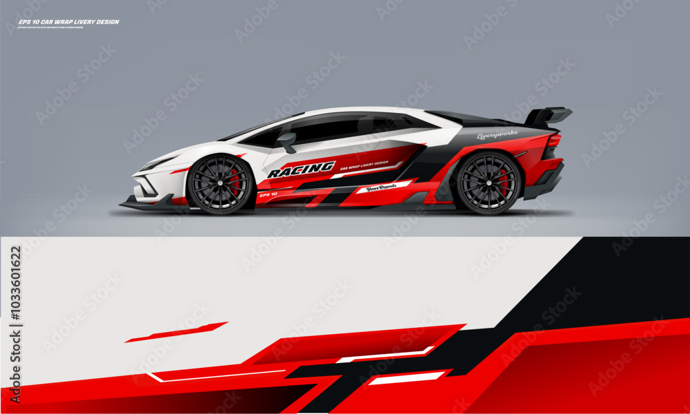 Fototapeta premium Sport racing supercar wrap livery design white and red color combination for universal medium vector eps10 ready to print printable file
