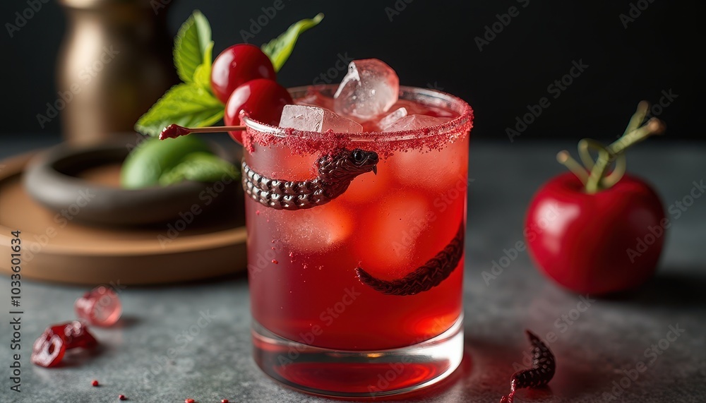 Creepy Snake Cocktail with Bloody Ice Cubes and Sinister Garnishes for a Wicked Halloween Drink Creepy Snake Cocktail with Bloody Ice Cubes and Sinister Garnishes for a Wicked Halloween Drink