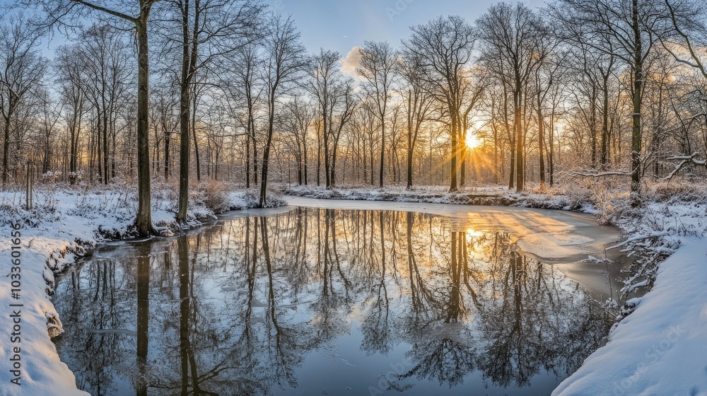 Panoramic winter landscape of a snowy forest by a frozen river at sunset with frost-covered trees and sunlight reflections in the ice-covered water, capturing the tranquil beauty of a serene winter wo Panoramic winter landscape of a snowy forest by a frozen river at sunset with frost-covered trees and sunlight reflections in the ice-covered water, capturing the tranquil beauty of a serene winter wo