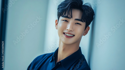 A handsome young man, wearing a dark blue shirt and smiling at the camera/ photo