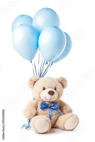 The illustration features a brown teddy bear holding blue balloons, perfect for baby shower invitations