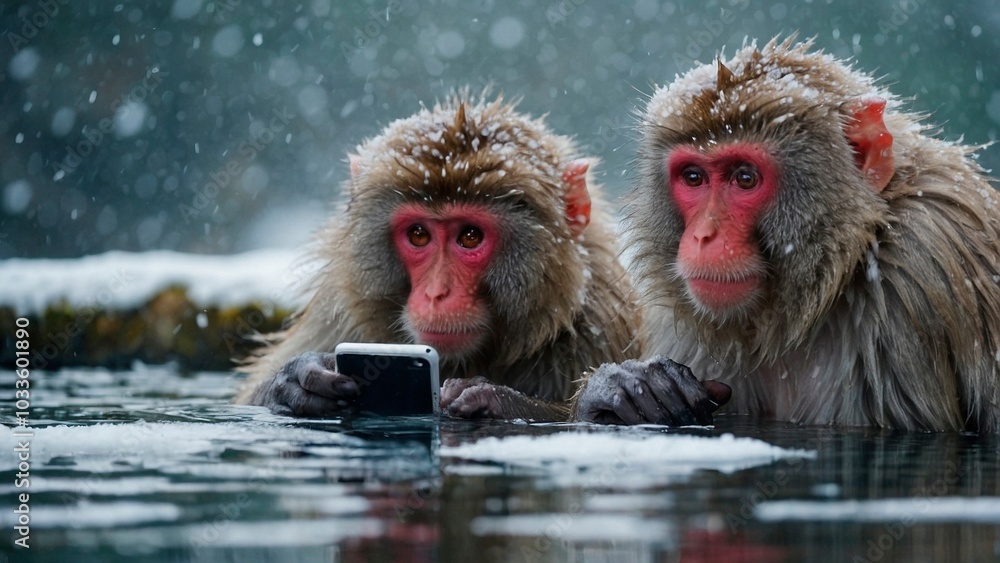 Naklejka premium A couple of japanese macaques monkeys relaxing at the hot spring, one of them looks at its smartphone, surrounded by falling snow. Funny winter animal wildlife photo illustration. Macaca fuscata.