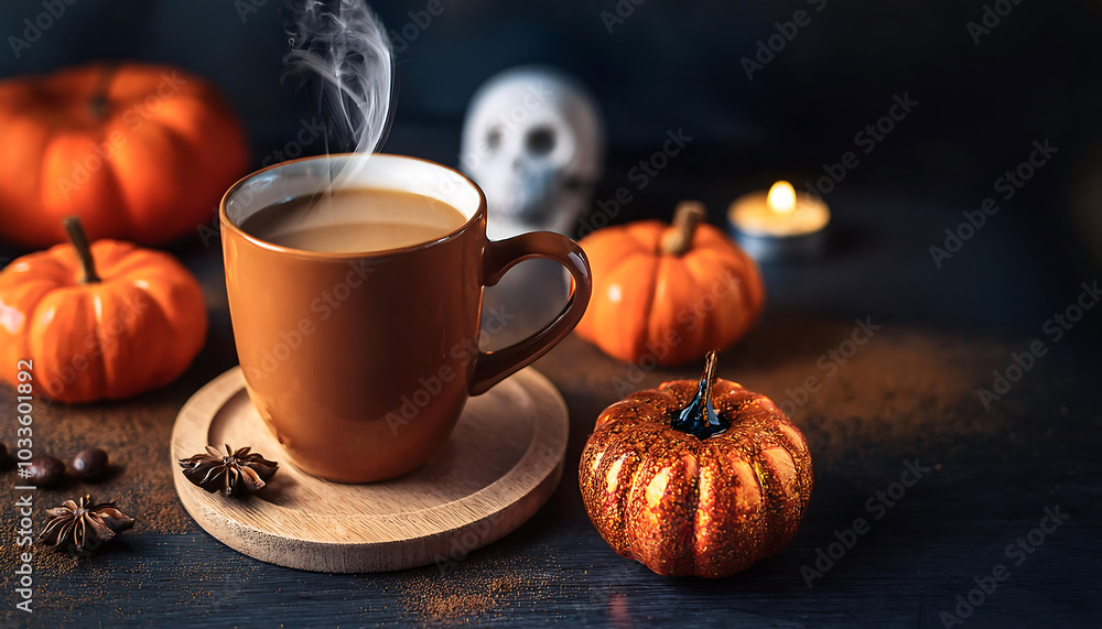 Cozy autumn scene featuring a steaming coffee cup surrounded by decorative pumpkins and candles, perfect for seasonal vibes. Cozy autumn scene featuring a steaming coffee cup surrounded by decorative pumpkins and candles, perfect for seasonal vibes.