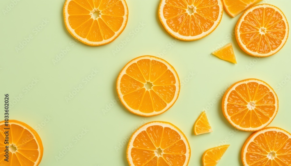 Fresh Orange Slices on Green Background Fresh Orange Slices on Green Background